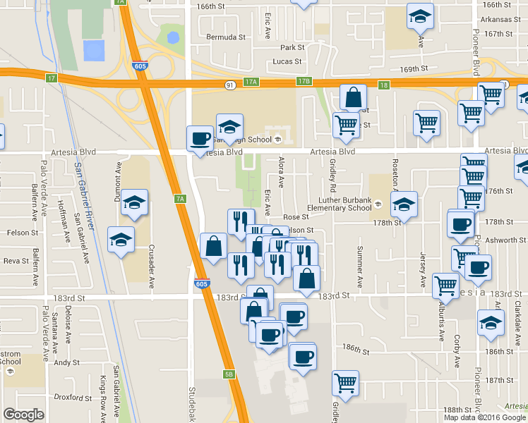 map of restaurants, bars, coffee shops, grocery stores, and more near 17707 Eric Avenue in Cerritos