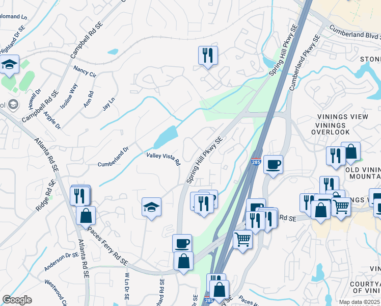 map of restaurants, bars, coffee shops, grocery stores, and more near 3420 Spring Hill Parkway Southeast in Smyrna