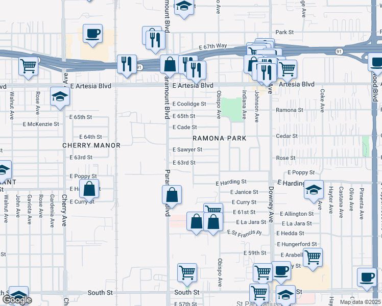 map of restaurants, bars, coffee shops, grocery stores, and more near 2942 Sawyer Street in Long Beach