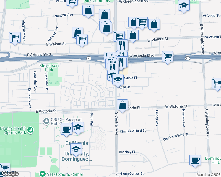 map of restaurants, bars, coffee shops, grocery stores, and more near 1254 Magnolia Drive in Carson