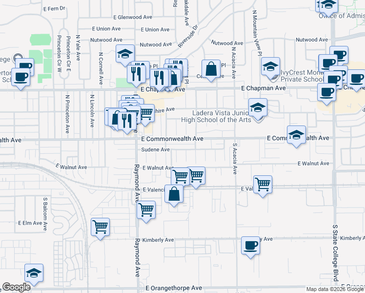 map of restaurants, bars, coffee shops, grocery stores, and more near 1417 Sudene Avenue in Fullerton