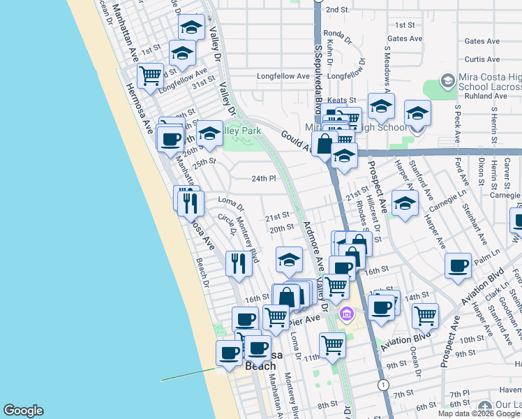 map of restaurants, bars, coffee shops, grocery stores, and more near 2119 Power Street in Hermosa Beach
