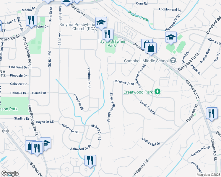 map of restaurants, bars, coffee shops, grocery stores, and more near 3404 Vinnings North Trail Southeast in Smyrna