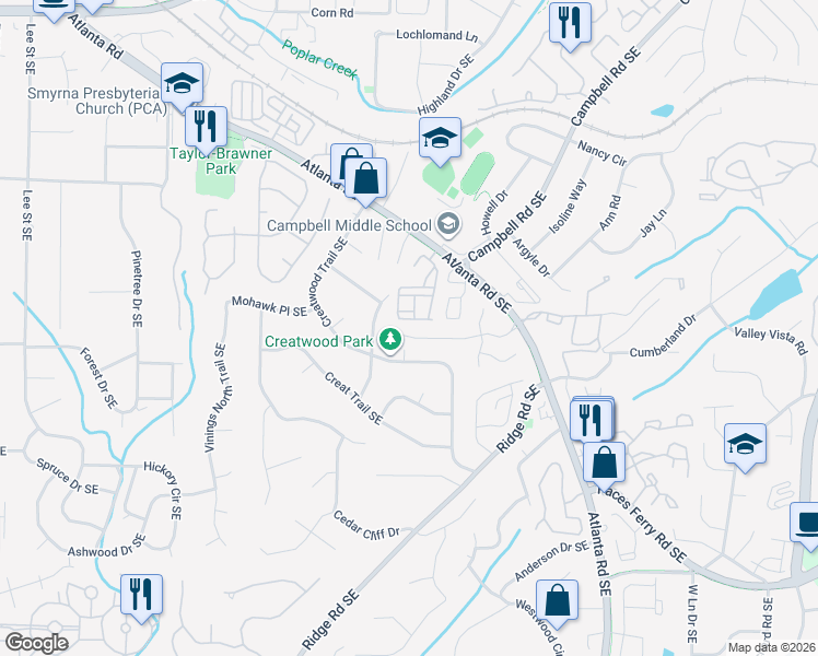 map of restaurants, bars, coffee shops, grocery stores, and more near 3434 Belridge Drive in Smyrna