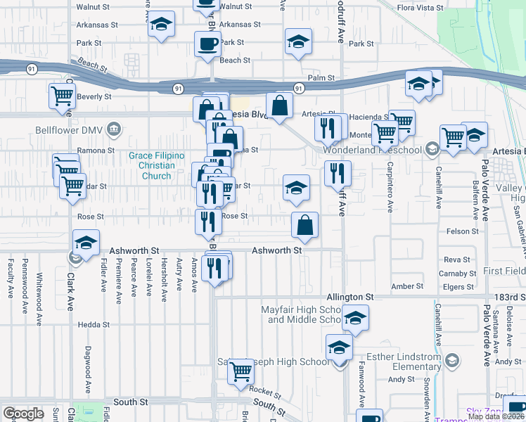 map of restaurants, bars, coffee shops, grocery stores, and more near 9915 Rose Street in Bellflower