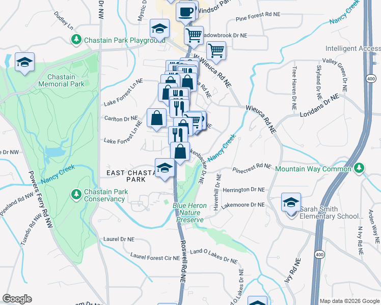 map of restaurants, bars, coffee shops, grocery stores, and more near 4222 Rickenbacker Drive Northeast in Atlanta