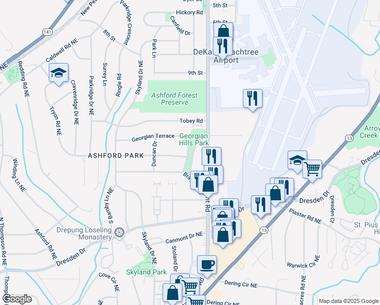 map of restaurants, bars, coffee shops, grocery stores, and more near 2800 Georgian Drive West in Atlanta
