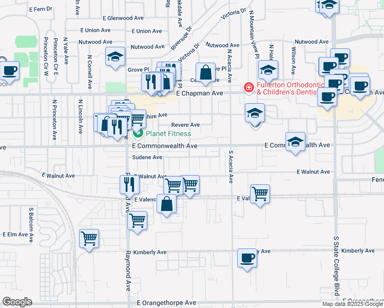 map of restaurants, bars, coffee shops, grocery stores, and more near 1501 Sudene Avenue in Fullerton