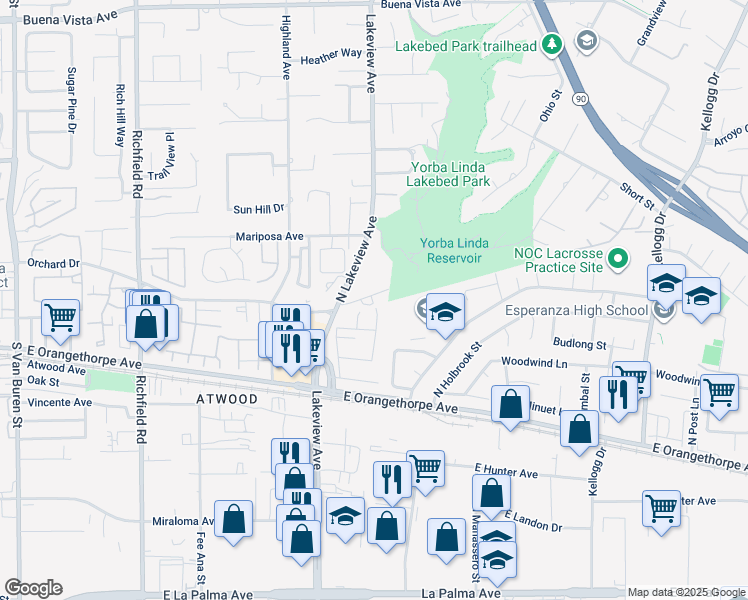 map of restaurants, bars, coffee shops, grocery stores, and more near 18182 Orchard Drive in Yorba Linda