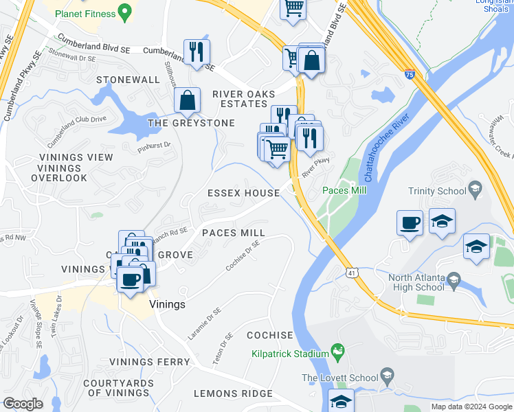 map of restaurants, bars, coffee shops, grocery stores, and more near 3440 Essex Avenue in Atlanta