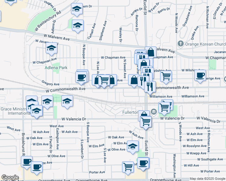 map of restaurants, bars, coffee shops, grocery stores, and more near 1404 West Commonwealth Avenue in Fullerton