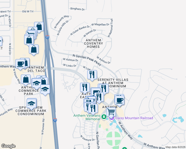 map of restaurants, bars, coffee shops, grocery stores, and more near 3635 West Links Drive in New River