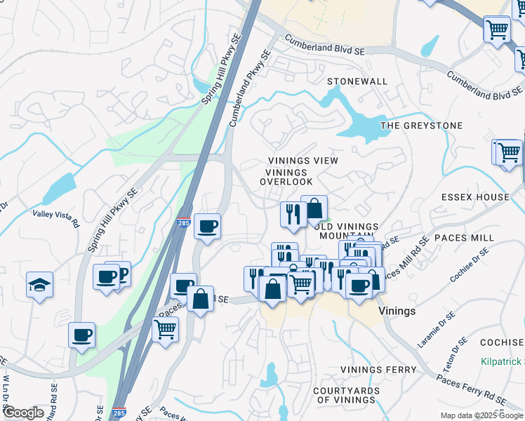 map of restaurants, bars, coffee shops, grocery stores, and more near 2800 Mount Wilkinson Parkway Southeast in Atlanta
