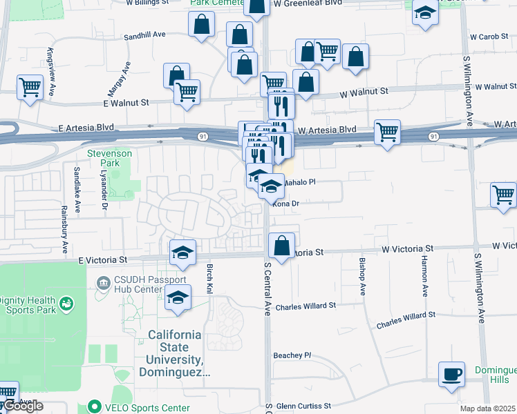 map of restaurants, bars, coffee shops, grocery stores, and more near 1262 Magnolia Drive in Carson