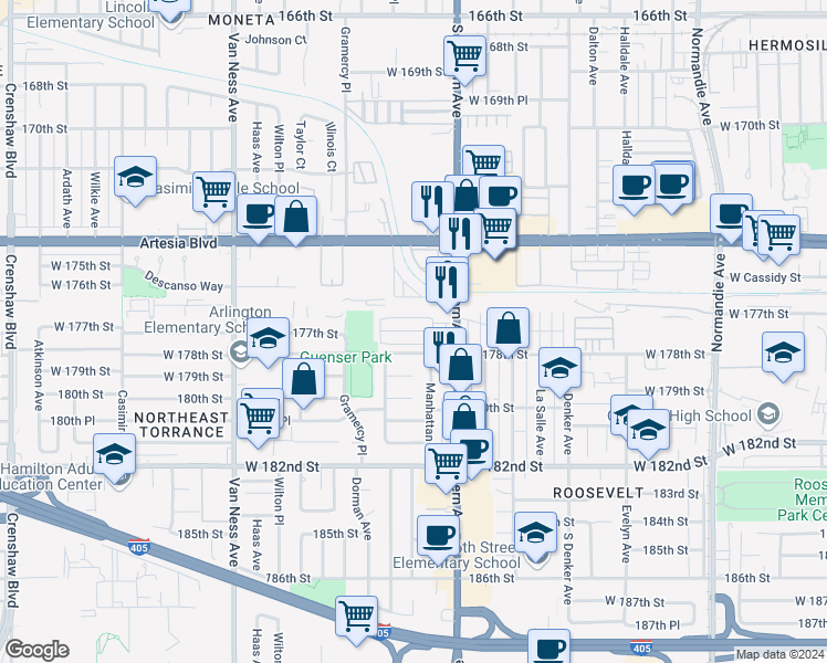 map of restaurants, bars, coffee shops, grocery stores, and more near 17705 Western Avenue in Gardena