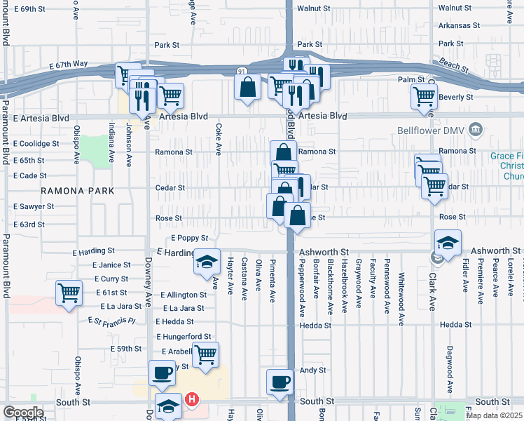 map of restaurants, bars, coffee shops, grocery stores, and more near 8815 Rose Street in Bellflower