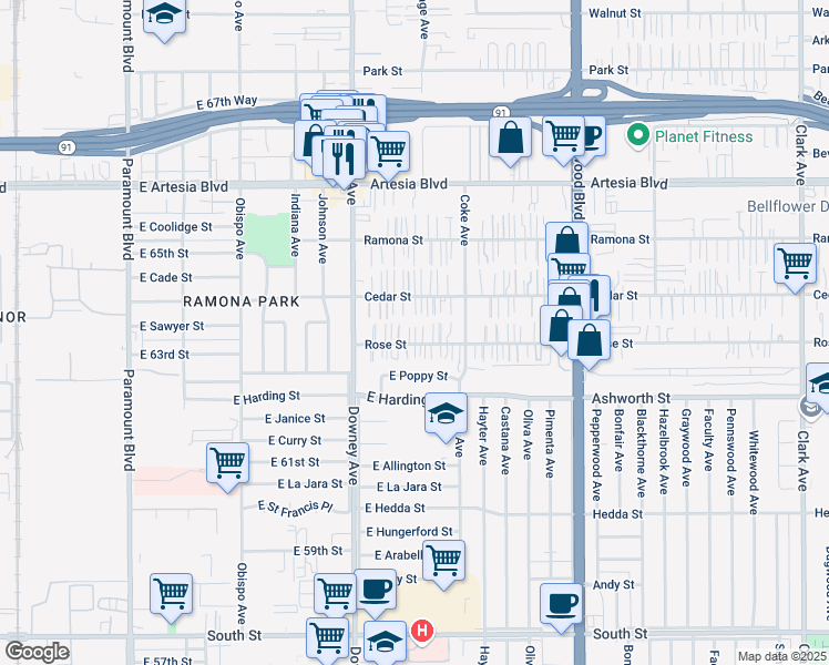 map of restaurants, bars, coffee shops, grocery stores, and more near 8603 Rose Street in Bellflower