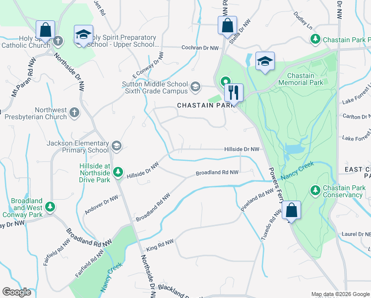 map of restaurants, bars, coffee shops, grocery stores, and more near Hillside Drive Northwest in Atlanta