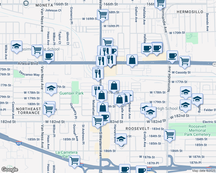 map of restaurants, bars, coffee shops, grocery stores, and more near 17700 South Western Avenue in Gardena