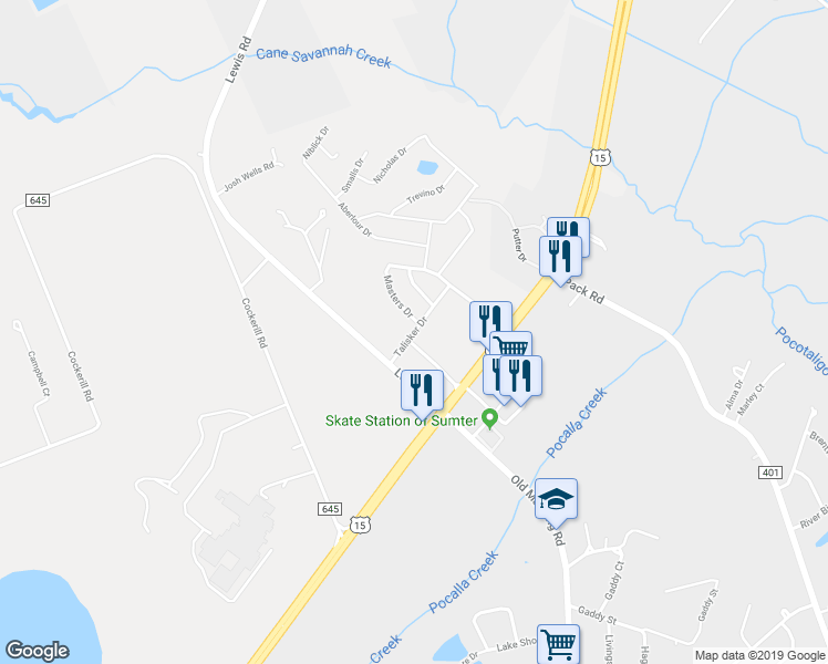 map of restaurants, bars, coffee shops, grocery stores, and more near Talisker Drive in Sumter