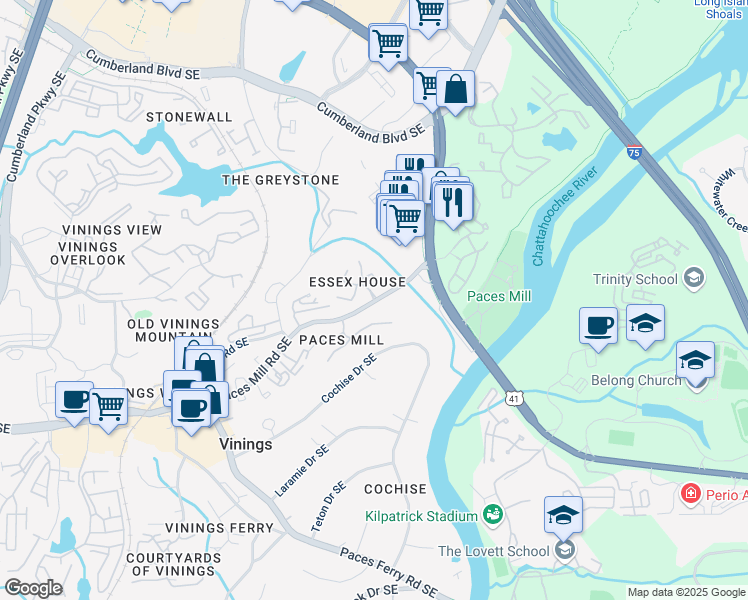 map of restaurants, bars, coffee shops, grocery stores, and more near 3400 Essex Avenue in Atlanta