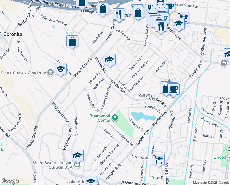 map of restaurants, bars, coffee shops, grocery stores, and more near 1762 Bern Drive in Corona