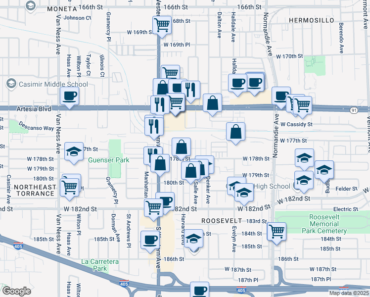 map of restaurants, bars, coffee shops, grocery stores, and more near 17700 Western Avenue in Gardena