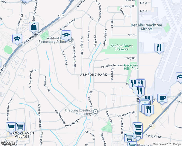 map of restaurants, bars, coffee shops, grocery stores, and more near in Brookhaven