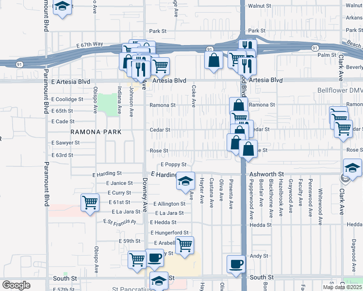 map of restaurants, bars, coffee shops, grocery stores, and more near 8631 Rose Street in Bellflower