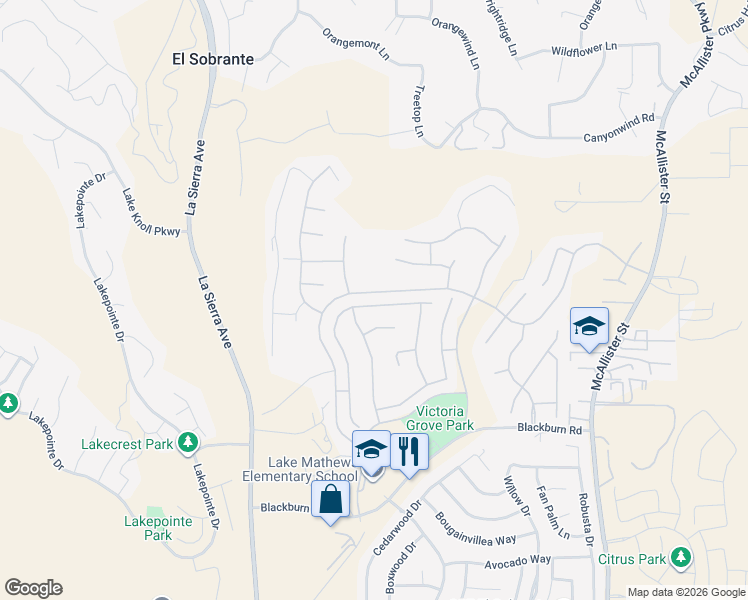 map of restaurants, bars, coffee shops, grocery stores, and more near 12342 Brianwood Drive in Riverside