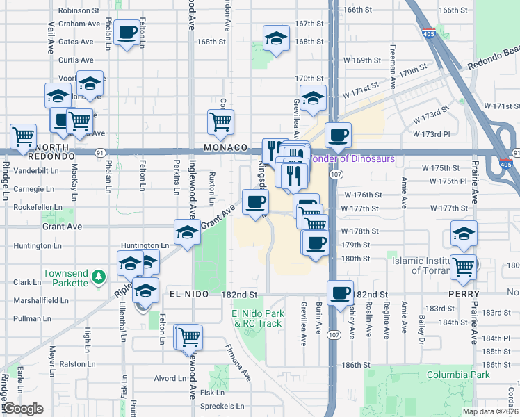 map of restaurants, bars, coffee shops, grocery stores, and more near 1809 Kingsdale Avenue in Redondo Beach