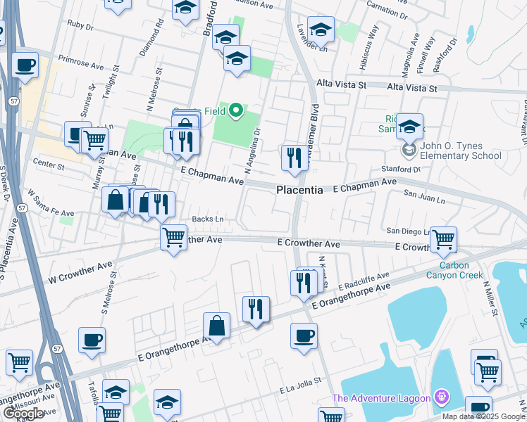 map of restaurants, bars, coffee shops, grocery stores, and more near 237 Oahu Way in Placentia
