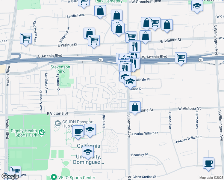 map of restaurants, bars, coffee shops, grocery stores, and more near 1218 Hickory Drive in Carson