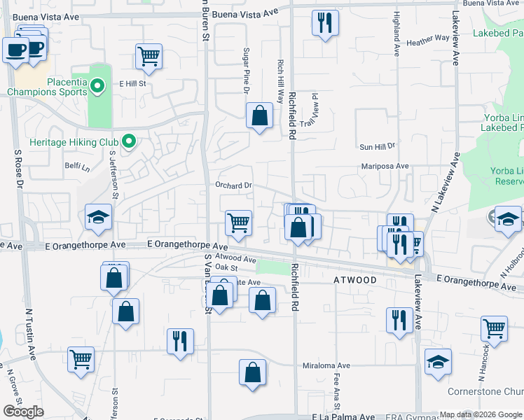map of restaurants, bars, coffee shops, grocery stores, and more near 1718 Truman Circle in Placentia