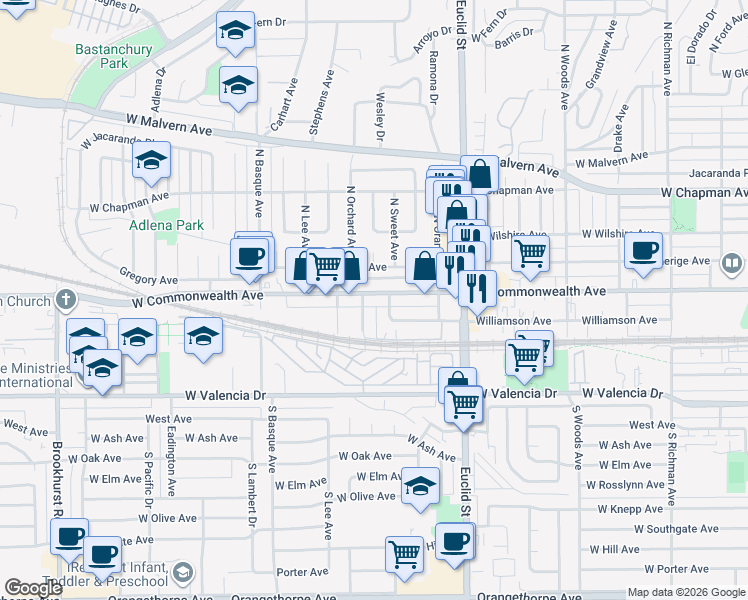 map of restaurants, bars, coffee shops, grocery stores, and more near 1312 West Commonwealth Avenue in Fullerton
