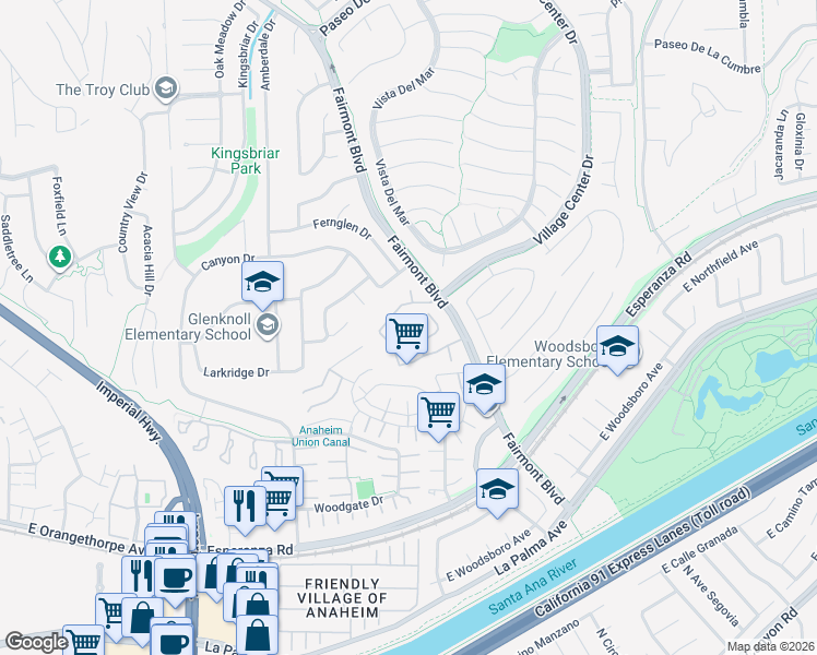 map of restaurants, bars, coffee shops, grocery stores, and more near 6350 Tiburon Terrace in Yorba Linda