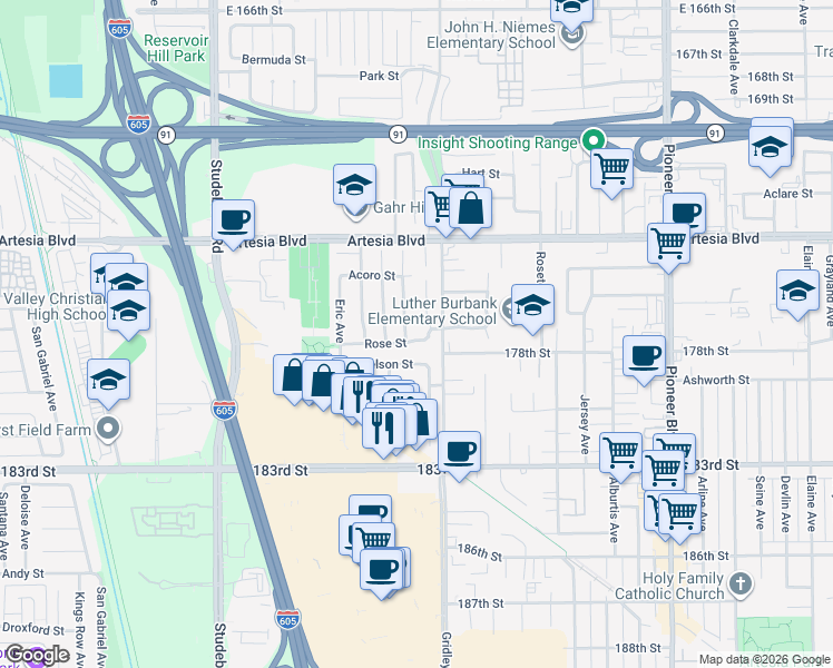 map of restaurants, bars, coffee shops, grocery stores, and more near 11333 Rose Street in Cerritos