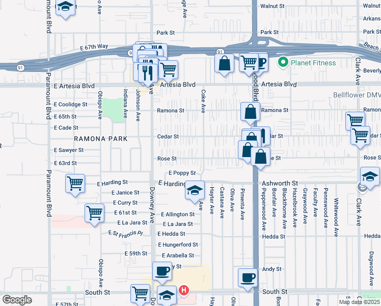 map of restaurants, bars, coffee shops, grocery stores, and more near 8631 Rose Street in Bellflower
