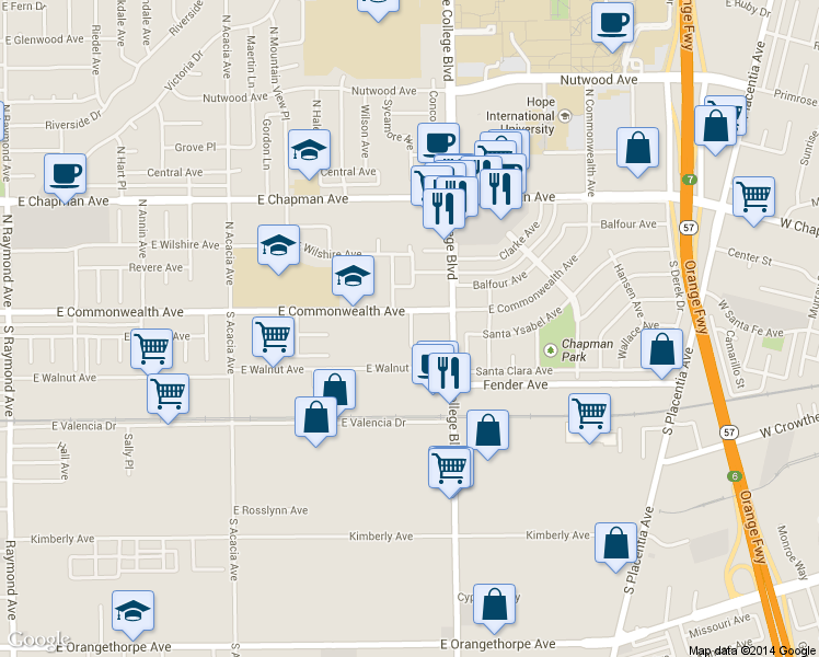 map of restaurants, bars, coffee shops, grocery stores, and more near 2300 East Commonwealth Avenue in Fullerton