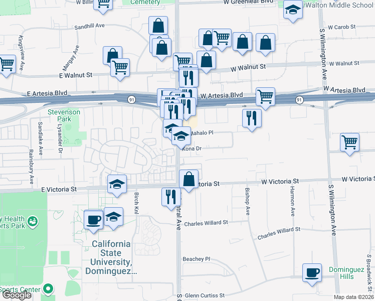 map of restaurants, bars, coffee shops, grocery stores, and more near 1900 Kona Drive in Compton