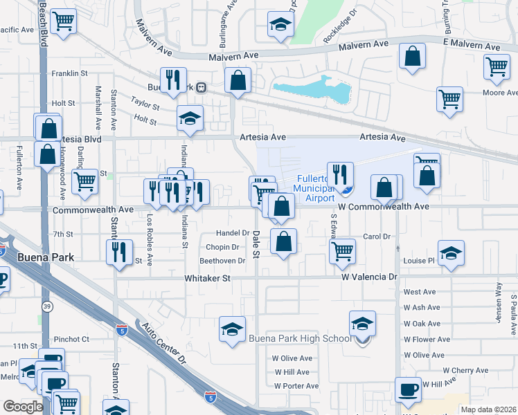 map of restaurants, bars, coffee shops, grocery stores, and more near 3515 West Commonwealth Avenue in Fullerton