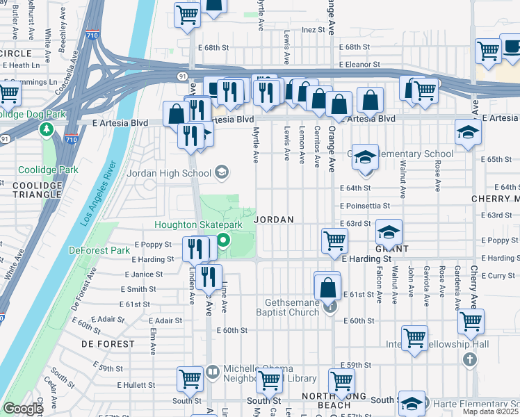 map of restaurants, bars, coffee shops, grocery stores, and more near 6340 Myrtle Avenue in Long Beach
