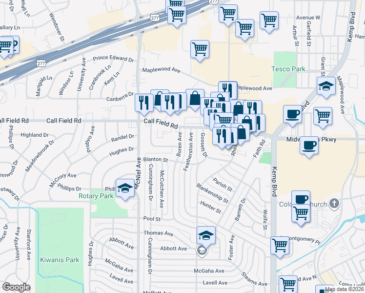 map of restaurants, bars, coffee shops, grocery stores, and more near 4025 Boren Avenue in Wichita Falls