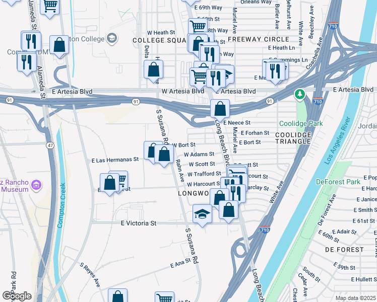 map of restaurants, bars, coffee shops, grocery stores, and more near 161 West Adams Street in Long Beach