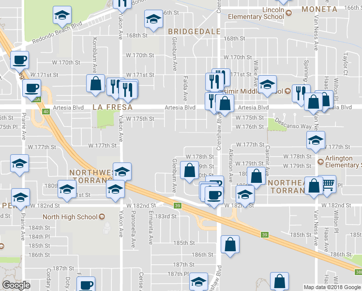 map of restaurants, bars, coffee shops, grocery stores, and more near 17701 Falda Avenue in Torrance