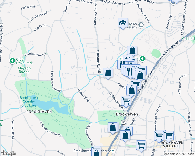 map of restaurants, bars, coffee shops, grocery stores, and more near 1150 Brookhaven Commons Drive Northeast in Atlanta