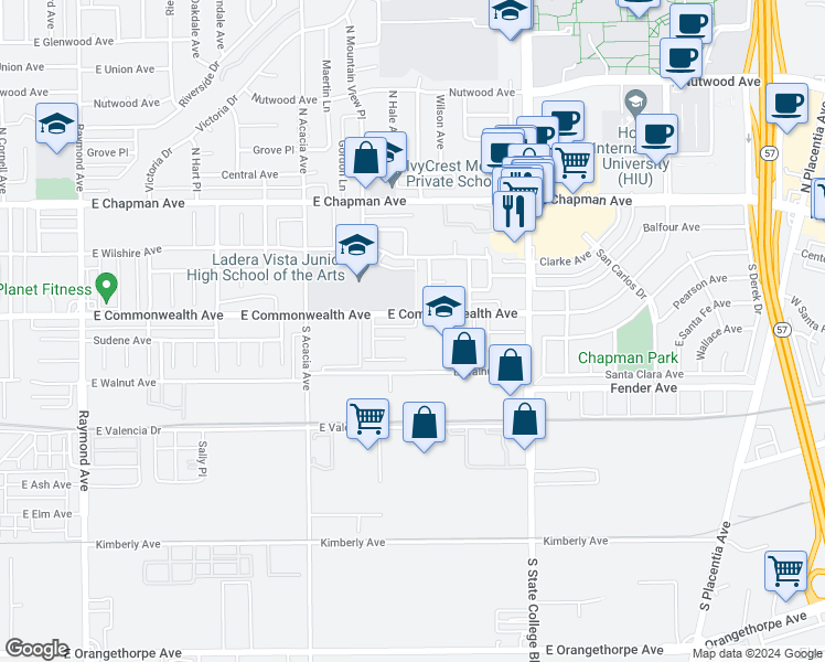 map of restaurants, bars, coffee shops, grocery stores, and more near 2044 Sudene Avenue in Fullerton