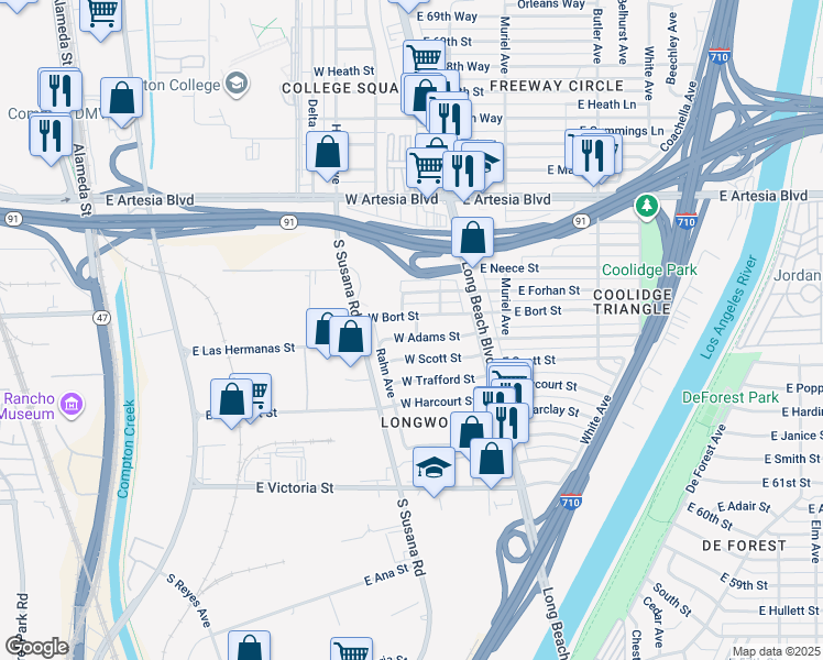 map of restaurants, bars, coffee shops, grocery stores, and more near 161 West Adams Street in Long Beach