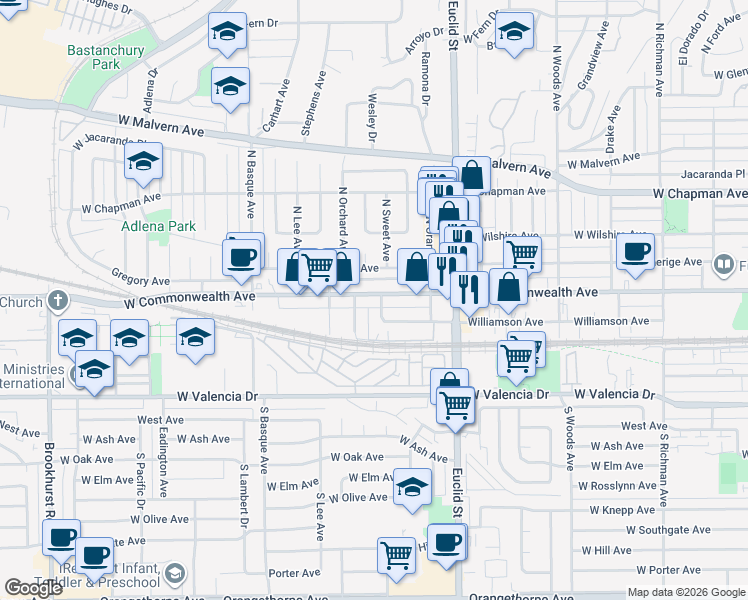 map of restaurants, bars, coffee shops, grocery stores, and more near 1220 West Commonwealth Avenue in Fullerton