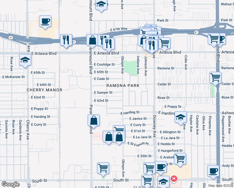 map of restaurants, bars, coffee shops, grocery stores, and more near 3114 East Sawyer Street in Long Beach
